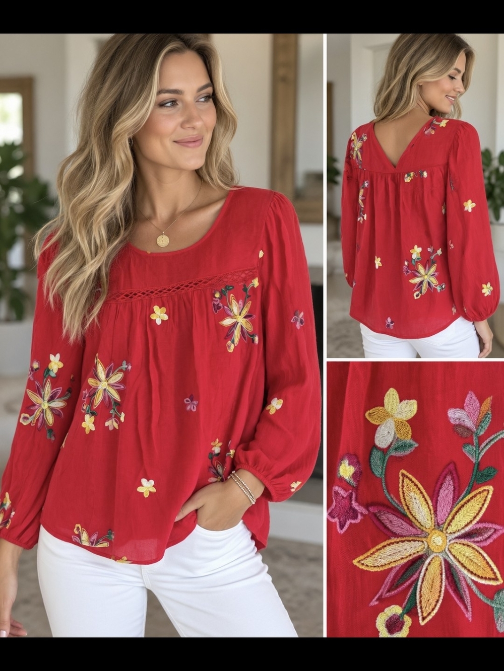 fig and flower Red Floral Embroidered Peasant Blouse